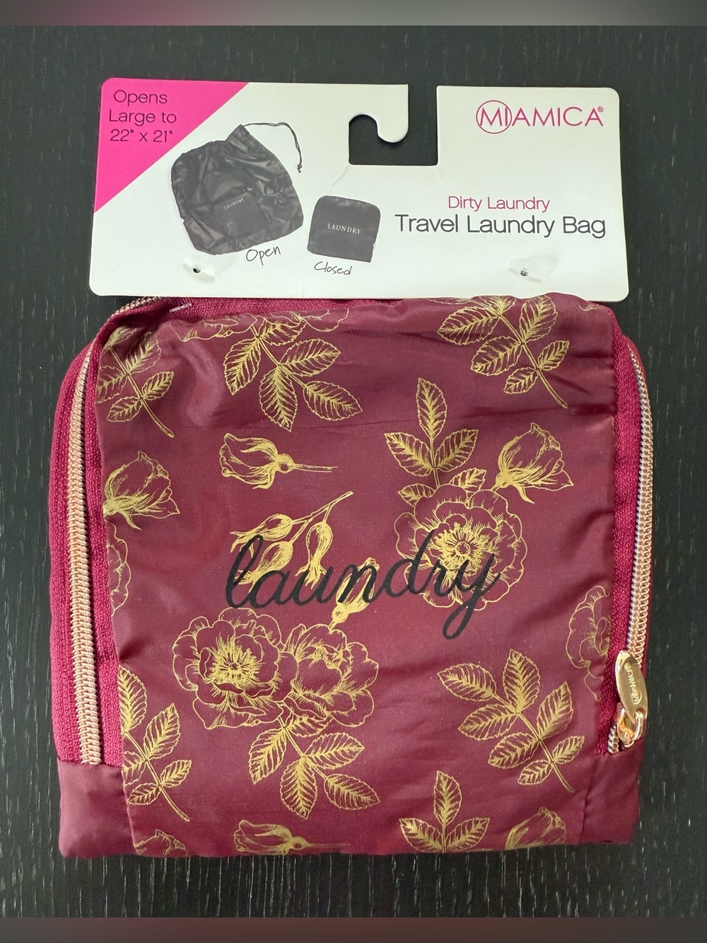 Pretty Maroon Large Travel Laundry Bag with Gold Floral Print & Zipper